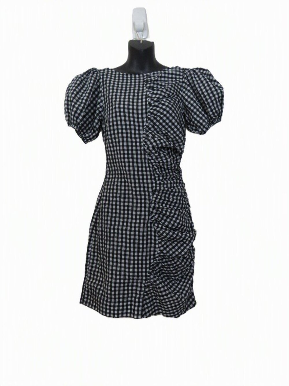 Ganni size 34 US 2 Black Gingham Puff Sleeve Mini Dress Ruched